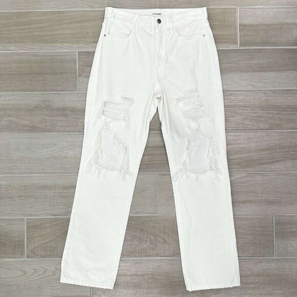 Frame Le Hollywood High Rise Distressed Jeans in Rumpled Blanc Rips White Denim - Picture 3 of 10